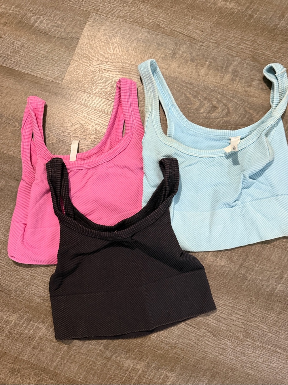 3 NikiBiki Ribbed Crop Tank Top — Pink, Light Blue, Black